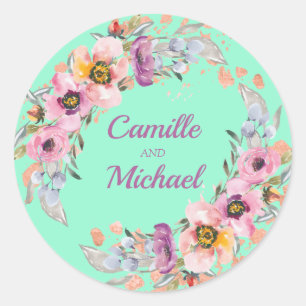 Sticker Rond Aquarelle Florale sur Neo Mint avec or Rose