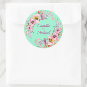 Sticker Rond Aquarelle Florale sur Neo Mint avec or Rose
