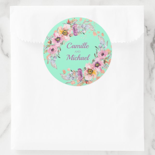 Sticker Rond Aquarelle Florale sur Neo Mint avec or Rose (Sac)