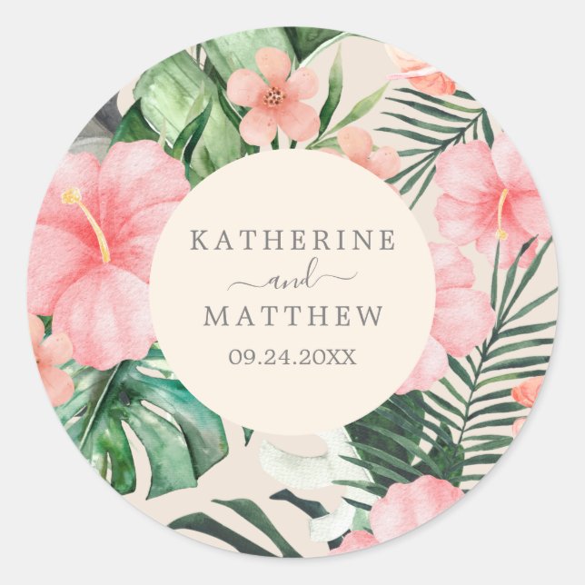 Sticker Rond Aquarelle florale tendance Mariage vert tropical (Devant)
