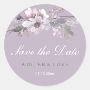 Sticker Rond Aquarelle florale violet Enregistrer la date Stick