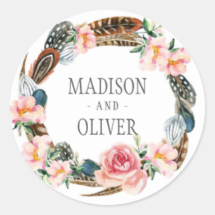 Sticker Rond Aquarelle Florale Wreath avec plumes MARIAGE