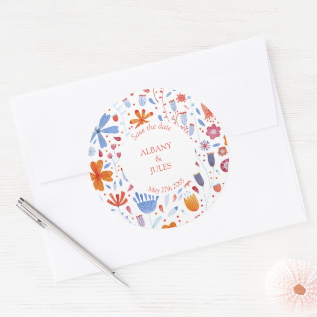 Sticker Rond Aquarelle Flower Meadow Enregistrer la date (Enveloppe)