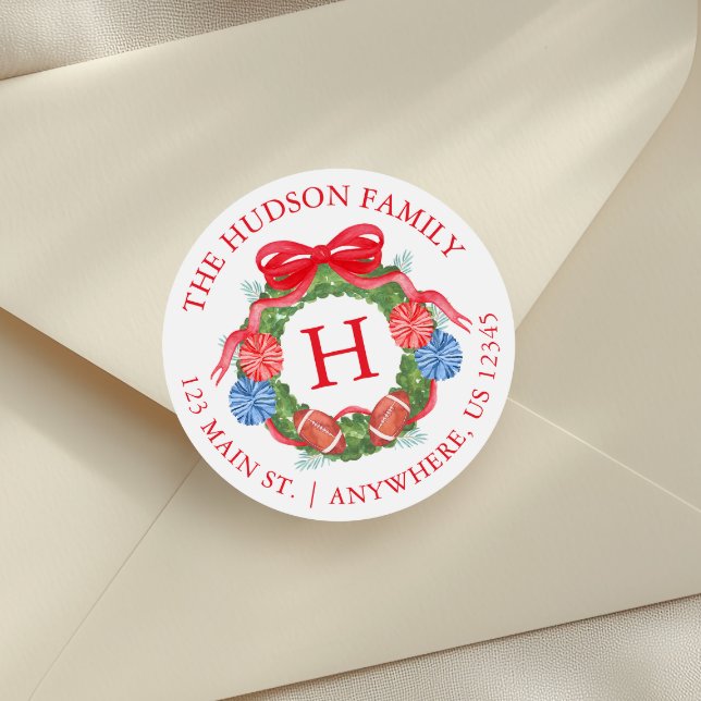 Sticker Rond Aquarelle Football Noël Wreath Monogramme (Créateur téléchargé)