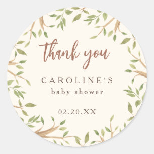 Sticker Rond Aquarelle Forêt Baby shower vert Merci