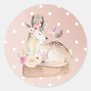 Sticker Rond Aquarelle Forêt de bois Cerfs et Baby shower d'ois