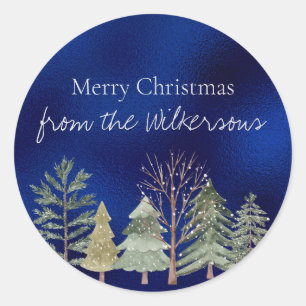 Sticker Rond Aquarelle Forêt d'hiver à la nuit Arbres simples