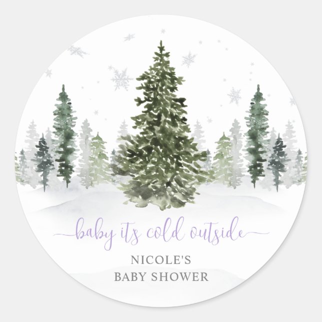 Sticker Rond Aquarelle Forêt d'hiver Baby shower pourpre (Devant)