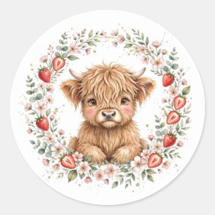 Sticker Rond Aquarelle Fraise Vache Highland Fermette