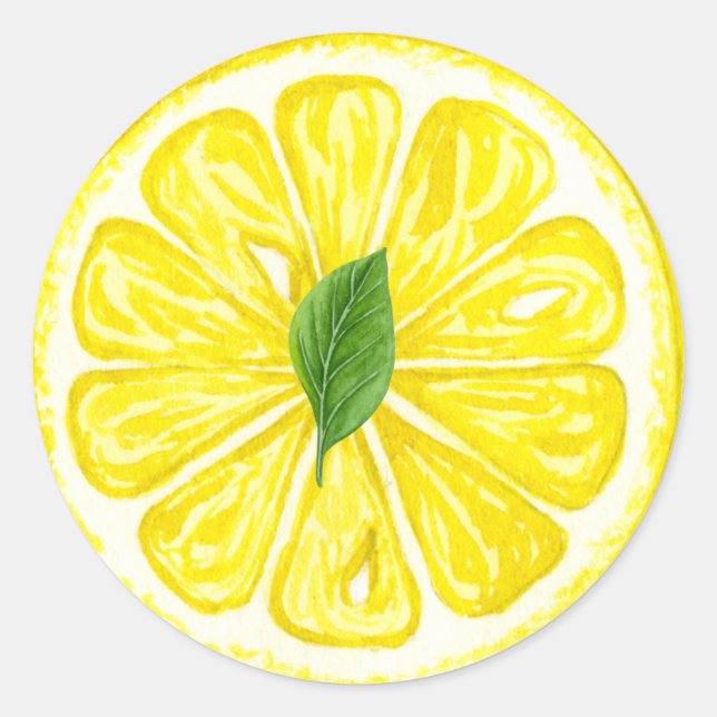 Sticker Rond Aquarelle Fruit de citron avec feuille de citron (Devant)