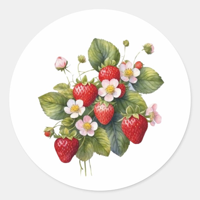 Sticker Rond Aquarelle Fruit fraise avec Fleurs (Devant)