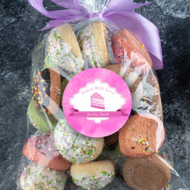 Sticker Rond Aquarelle Gâteau Rose Élégant Cuit Avec Amour (Créateur téléchargé)