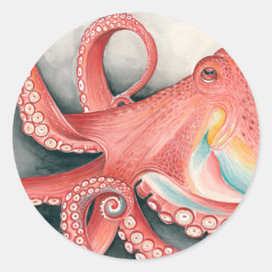 Sticker Rond Aquarelle géante Rouge Pacifique Octopus