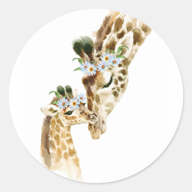 Sticker Rond Aquarelle Giraffe Mama et bébé (Devant)