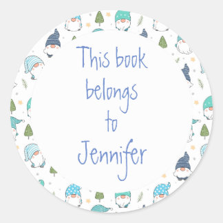 Sticker Rond Aquarelle Gnomes Bibliothèque personnalisée Plaque