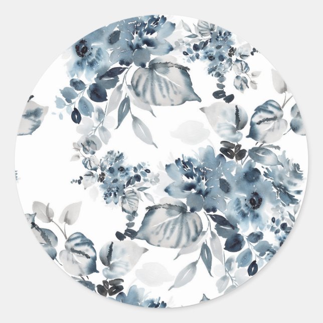 Sticker Rond Aquarelle Gris et bleu Floral (Devant)