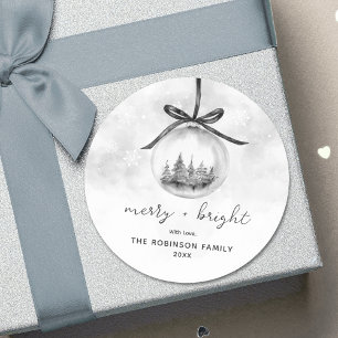 Sticker Rond Aquarelle gris ornement Noël Joyeux brillant