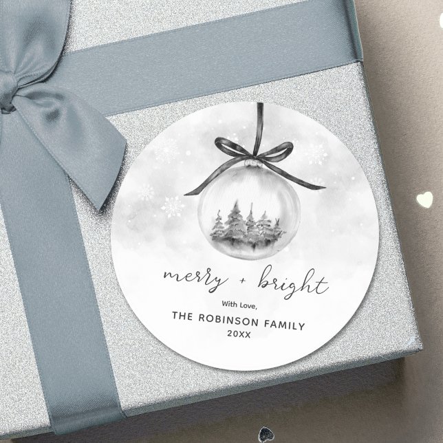 Sticker Rond Aquarelle gris ornement Noël Joyeux brillant (Créateur téléchargé)