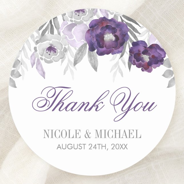 Sticker Rond Aquarelle gris violet Fleurs Mariage Merci (Créateur téléchargé)