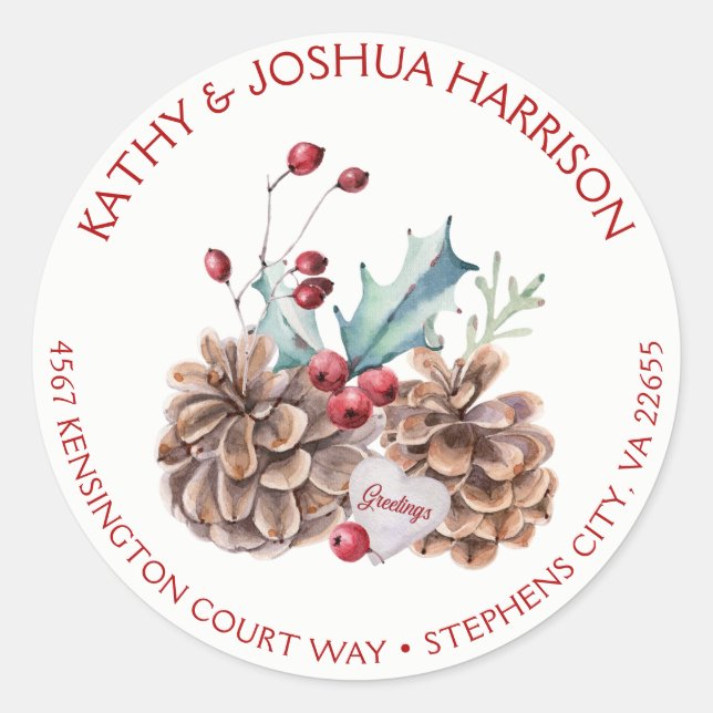 Sticker Rond Aquarelle Holly Berries Pine Cones Adresse | (Devant)