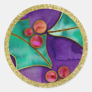 Sticker Rond Aquarelle Holly Berries Purple Vert Rouge Vacances