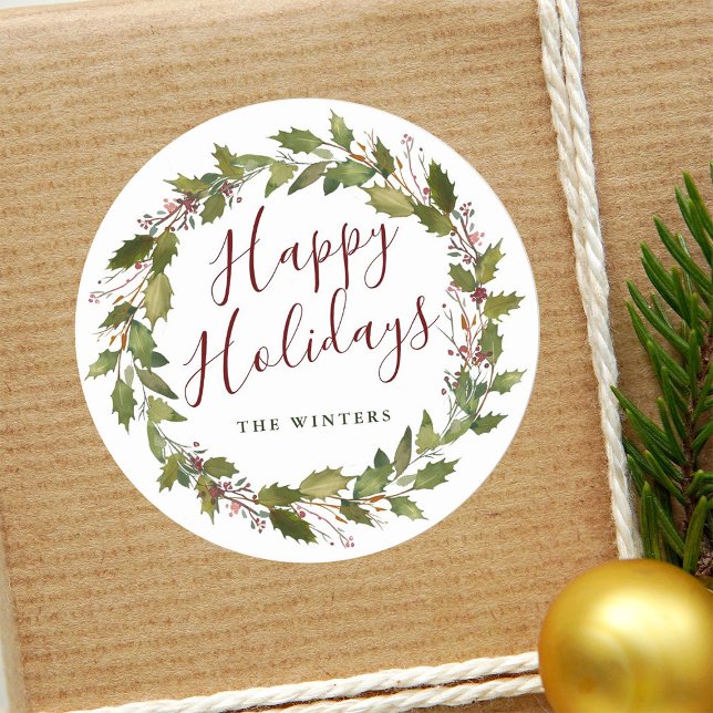 Sticker Rond Aquarelle Holly Berry Wreath Joyeuses vacances (Créateur téléchargé)