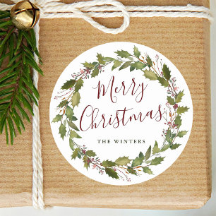 Sticker Rond Aquarelle Holly Berry Wreath Joyeux Noël