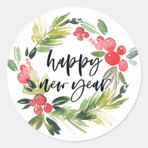 Sticker Rond Aquarelle Holly Wreath Bonne Année 2018