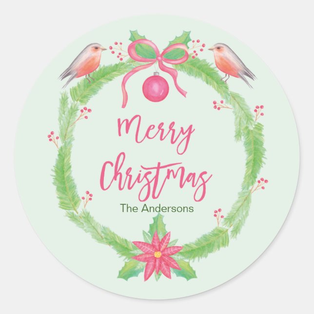 Sticker Rond Aquarelle Holly Wreath "Joyeux Noël" (Devant)