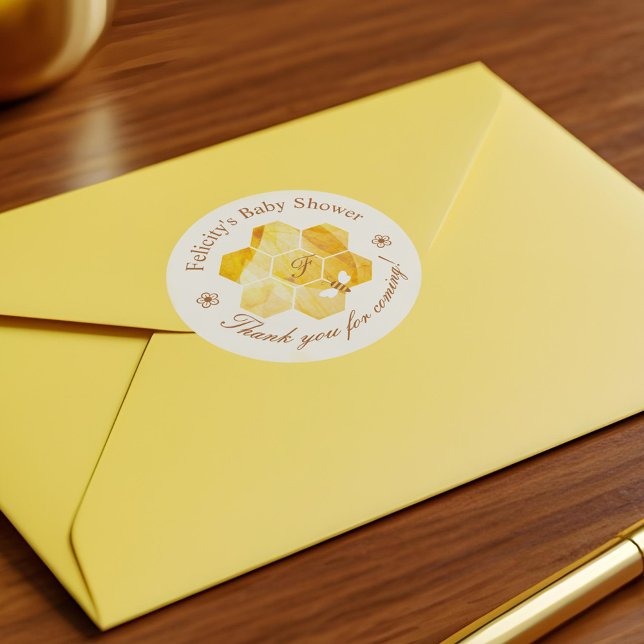 Sticker Rond Aquarelle Honeypeb Flower & Baby shower Bee (Honeycomb Watercolor Flower & Bee Baby Shower Classic Round Sticker)