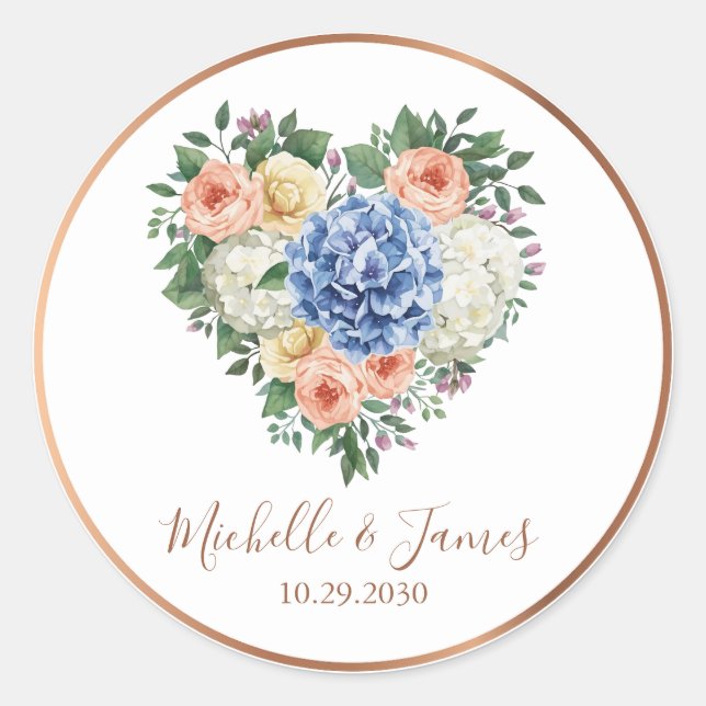 Sticker Rond aquarelle Hydrangea Rose Fleurs Mariage Or (Devant)