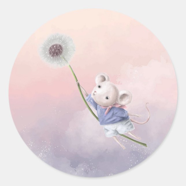 Sticker Rond Aquarelle Imaginaire mignon Souris Dandelion Flyin (Devant)