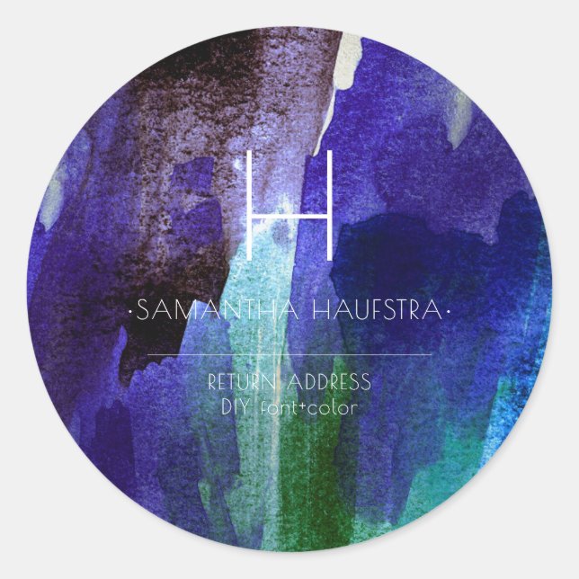 Sticker Rond Aquarelle Indigo Iridescent Monogramme (Devant)