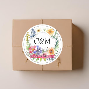 Sticker Rond Aquarelle Jardin Fleur sauvage Mariage Monogramme