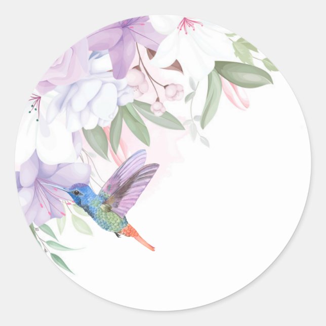 Sticker Rond Aquarelle Jardin Fleurs Oiseau de colibri (Devant)