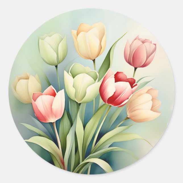 Sticker Rond Aquarelle Jardin Tulipe Sur Sage Green (Devant)