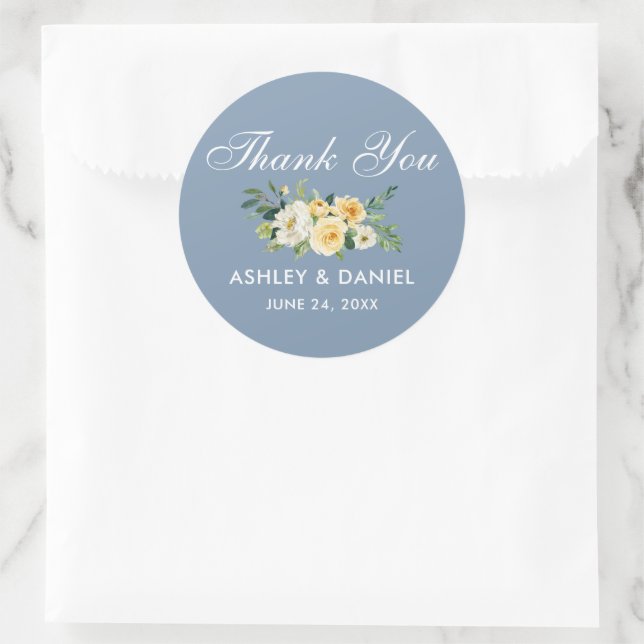 Sticker Rond Aquarelle Jaune Blanc Floral Dusty Blue Mariage (Sac)
