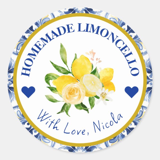 Sticker Rond Aquarelle jaune et bleu Limoncello fait maison (Devant)