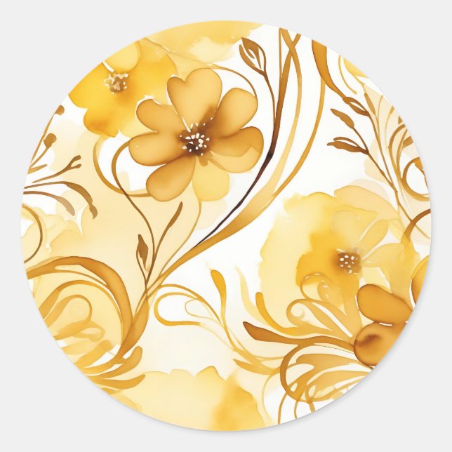 Sticker Rond Aquarelle jaune et or vive Florale (Devant)