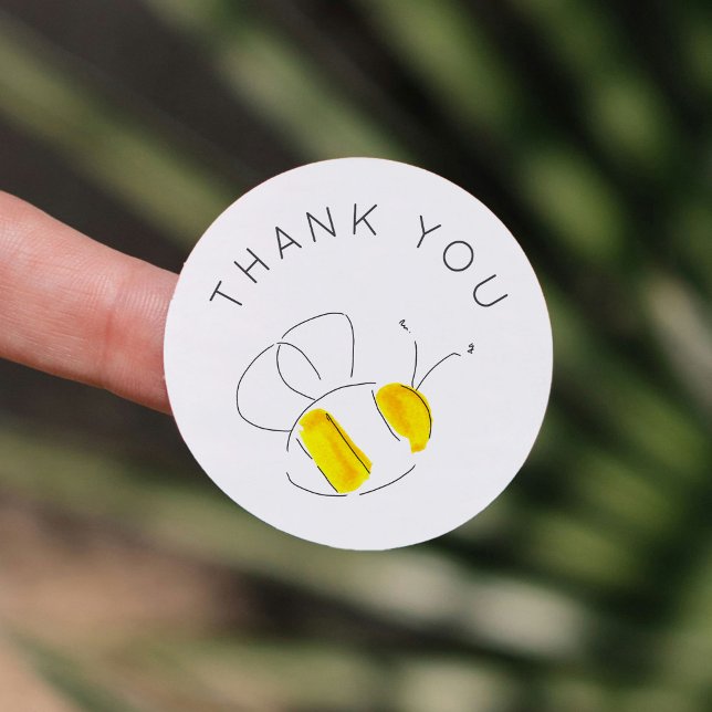 Sticker Rond Aquarelle jaune Merci Bumble Bee (Watercolor bee Thank You baby shower sticker.)