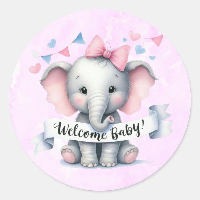 Sticker Rond Aquarelle Jolie éléphant Bienvenue bébé (Devant)