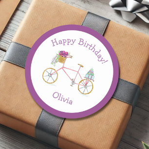 Sticker Rond Aquarelle Joyeux Anniversaire Bicyclette