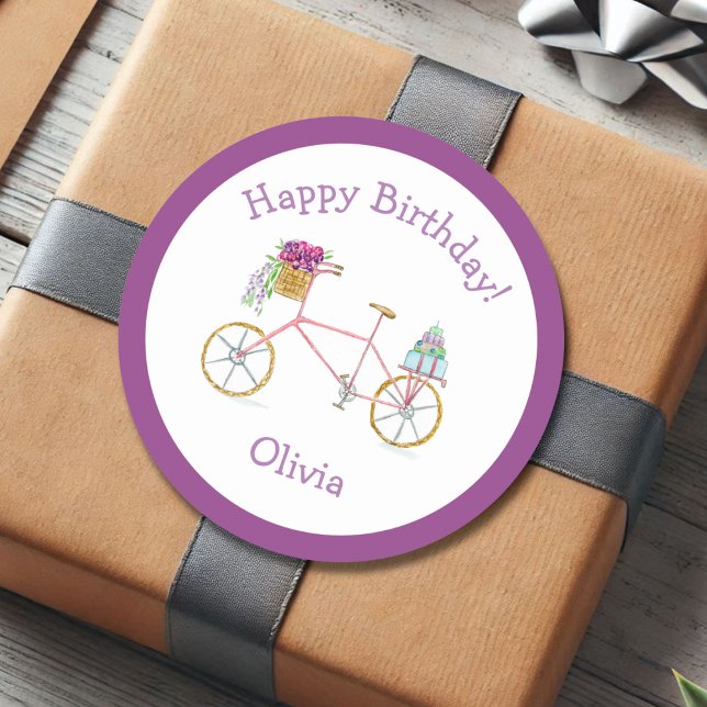 Sticker Rond Aquarelle Joyeux Anniversaire Bicyclette  (Créateur téléchargé)