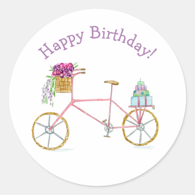 Sticker Rond Aquarelle Joyeux Anniversaire Bicyclette  (Devant)