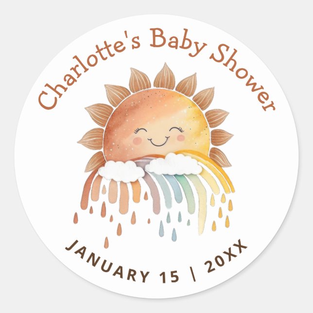 Sticker Rond Aquarelle Joyeux Baby shower de soleil Jaune (Devant)