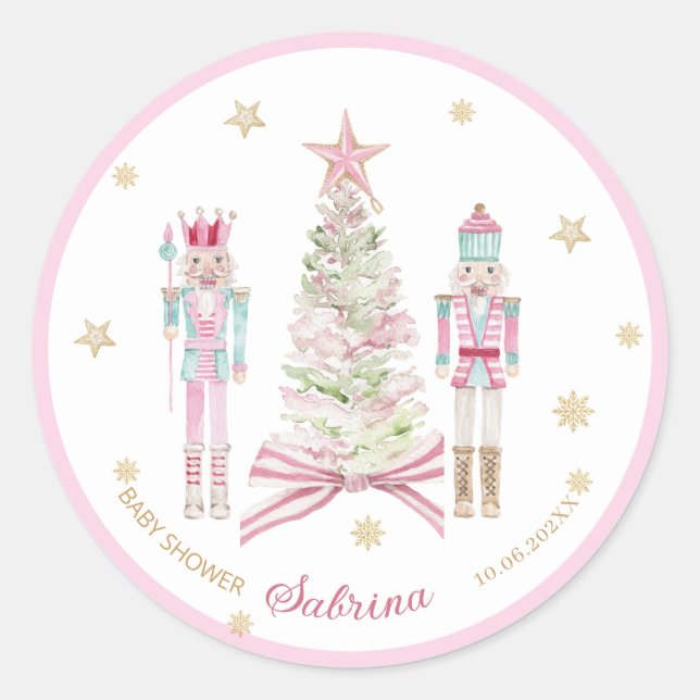 Sticker Rond Aquarelle Joyeux Noël Casse-Noisette ballet rose (Devant)