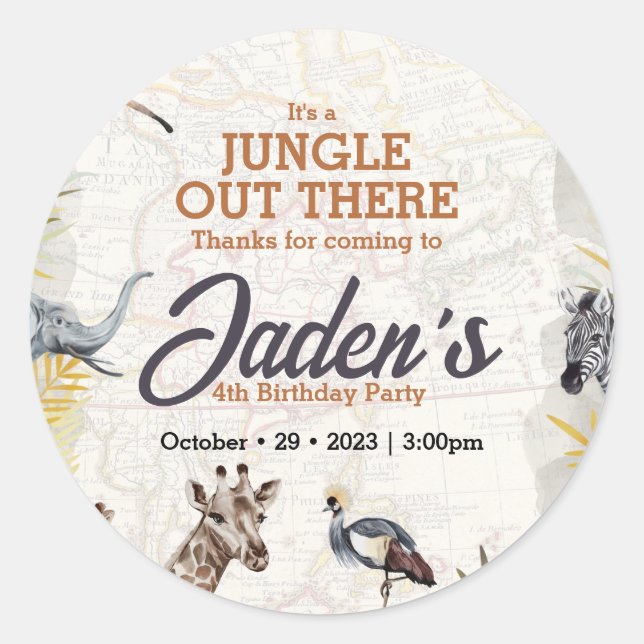 Sticker Rond Aquarelle Jungle Animal Anniversaire Merci (Devant)