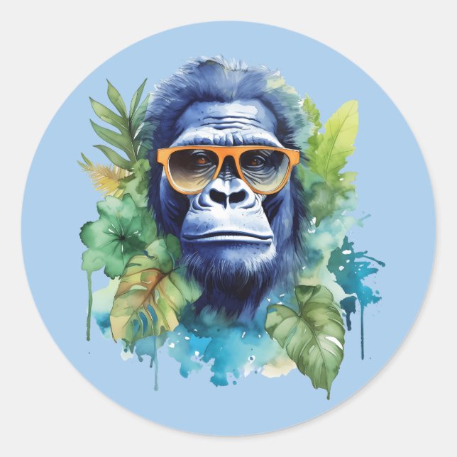 Sticker Rond Aquarelle Jungle Gorilla avec lunettes de soleil e (Devant)