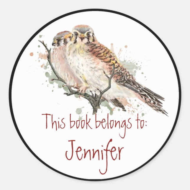 Sticker Rond Aquarelle Kestrel Hawks Birds Library Plaque de li (Devant)
