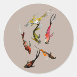 Sticker Rond Aquarelle koi poisson rouge brun or